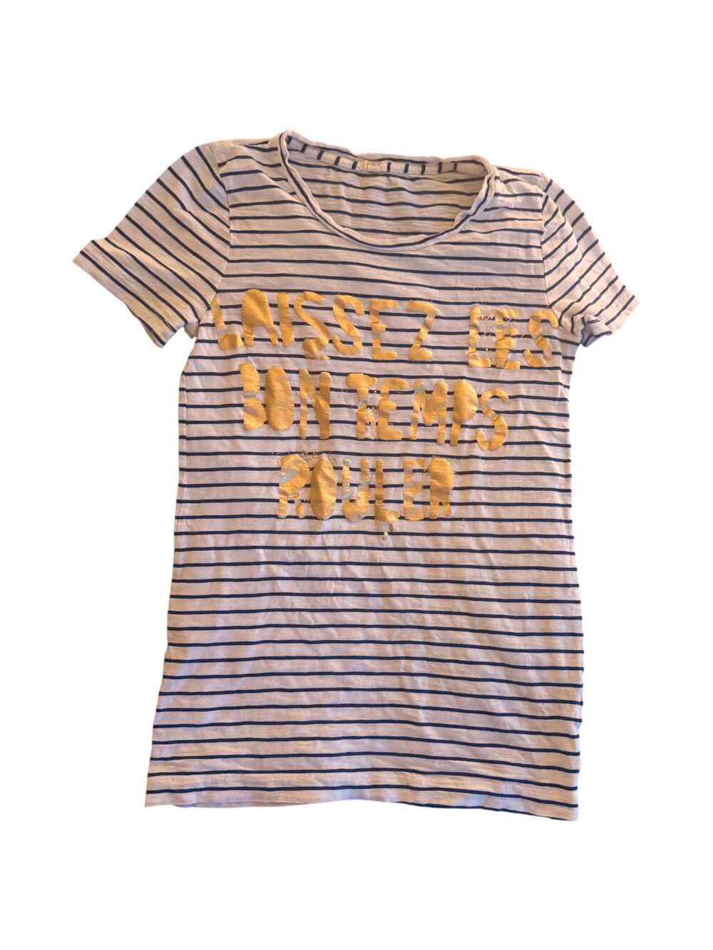 J.CREW Striped Small White Navy Cotton Blend T-shirt with Gold Text